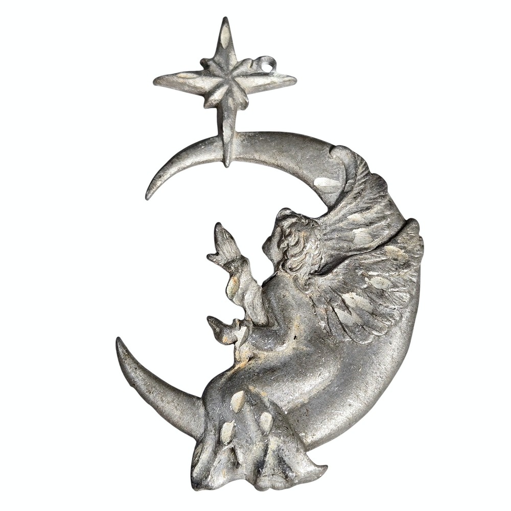Rawcliffe Pewter 1995 Angel on Crescent Moon Star Vintage Ornament Celestial